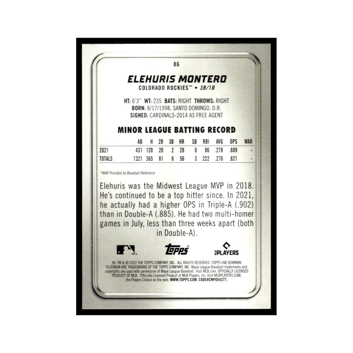 Elehuris Montero Rookie 2022 Bowman Platinum #86 Colorado Rockies NM
