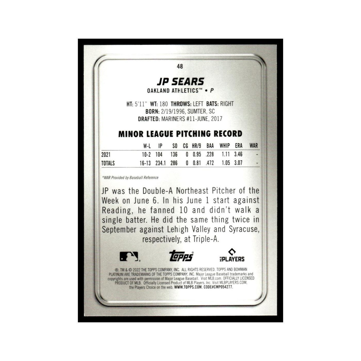 JP Sears Rookie 2022 Bowman Platinum #48 Oakland Athletics Baseball Card NM