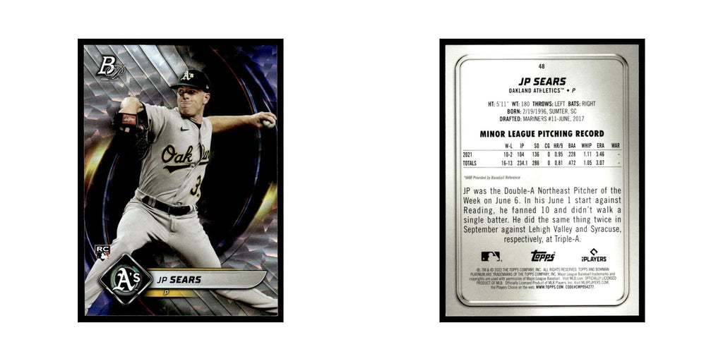JP Sears Rookie 2022 Bowman Platinum #48 Oakland Athletics Baseball Card NM