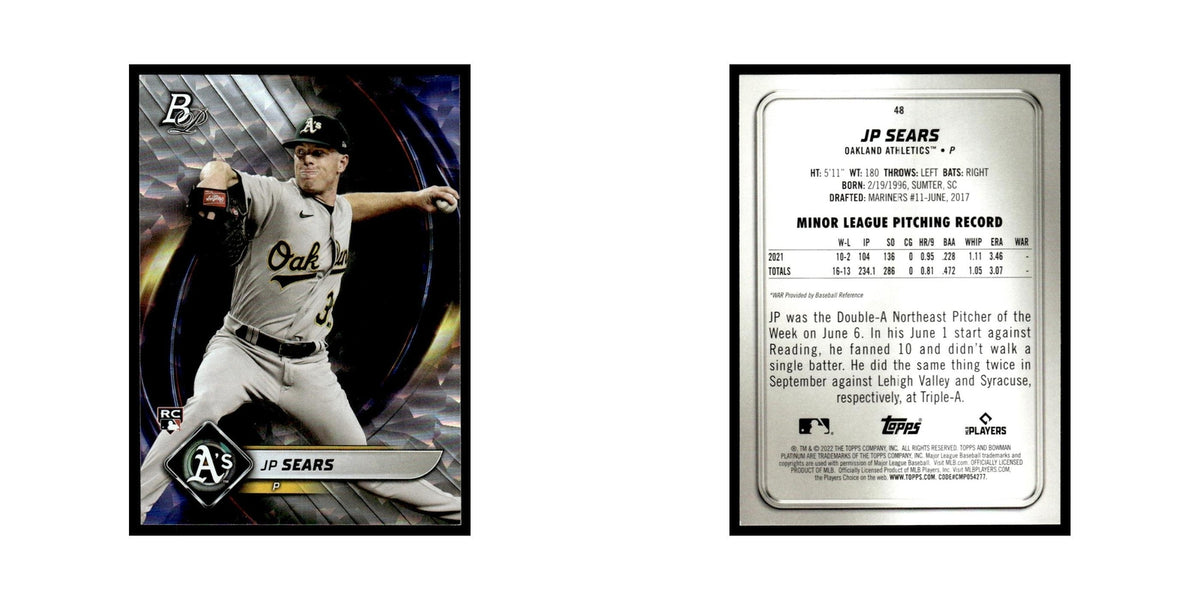 JP Sears Rookie 2022 Bowman Platinum #48 Oakland Athletics Baseball Card NM