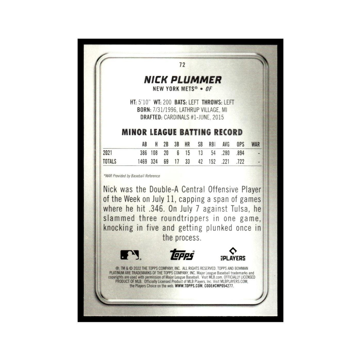 Nick Plummer Rookie 2022 Bowman Platinum #72 New York Mets Baseball Card NM
