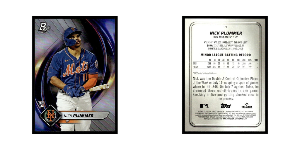 Nick Plummer Rookie 2022 Bowman Platinum #72 New York Mets Baseball Card NM
