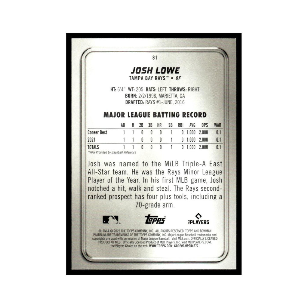 Josh Lowe Rookie 2022 Bowman Platinum #81 Tampa Bay Rays Baseball Card NM