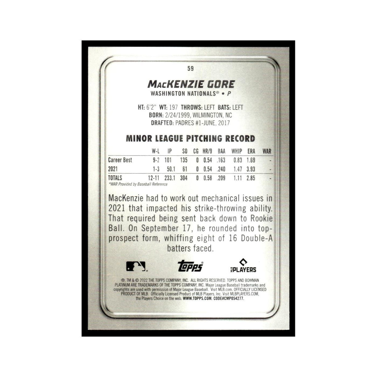 MacKenzie Gore Rookie 2022 Bowman Platinum #59 Washington Nationals NM