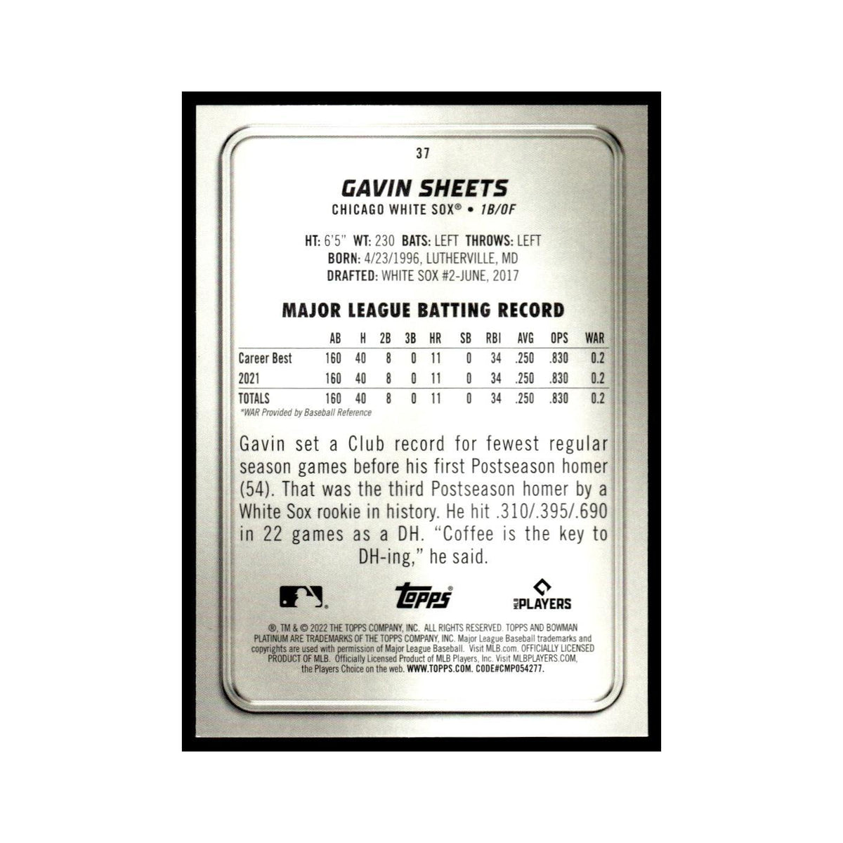 Gavin Sheets Rookie 2022 Bowman Platinum #37 Chicago White Sox Baseball Card NM