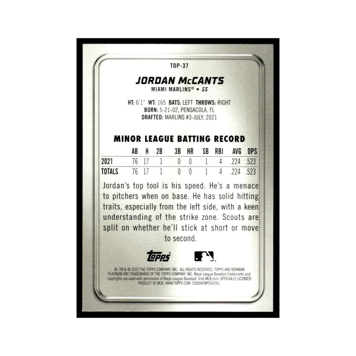 Jordan McCants 2022 Bowman Platinum #TOP-37 Miami Marlins Baseball Card NM