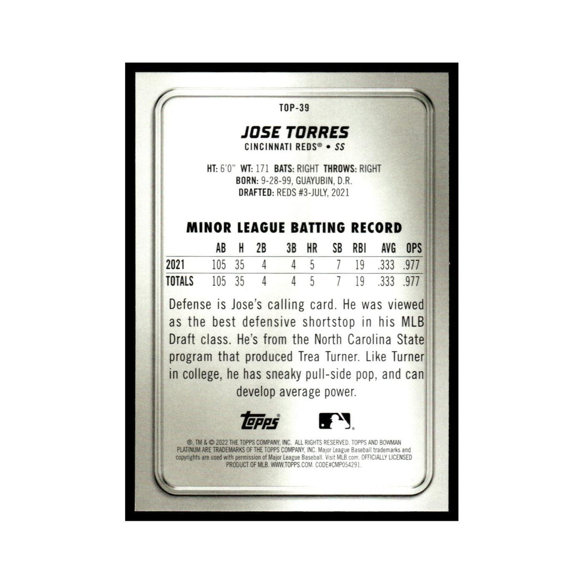 Jose Torres 2022 Bowman Platinum #TOP-39 Cincinnati Reds Baseball Card NM