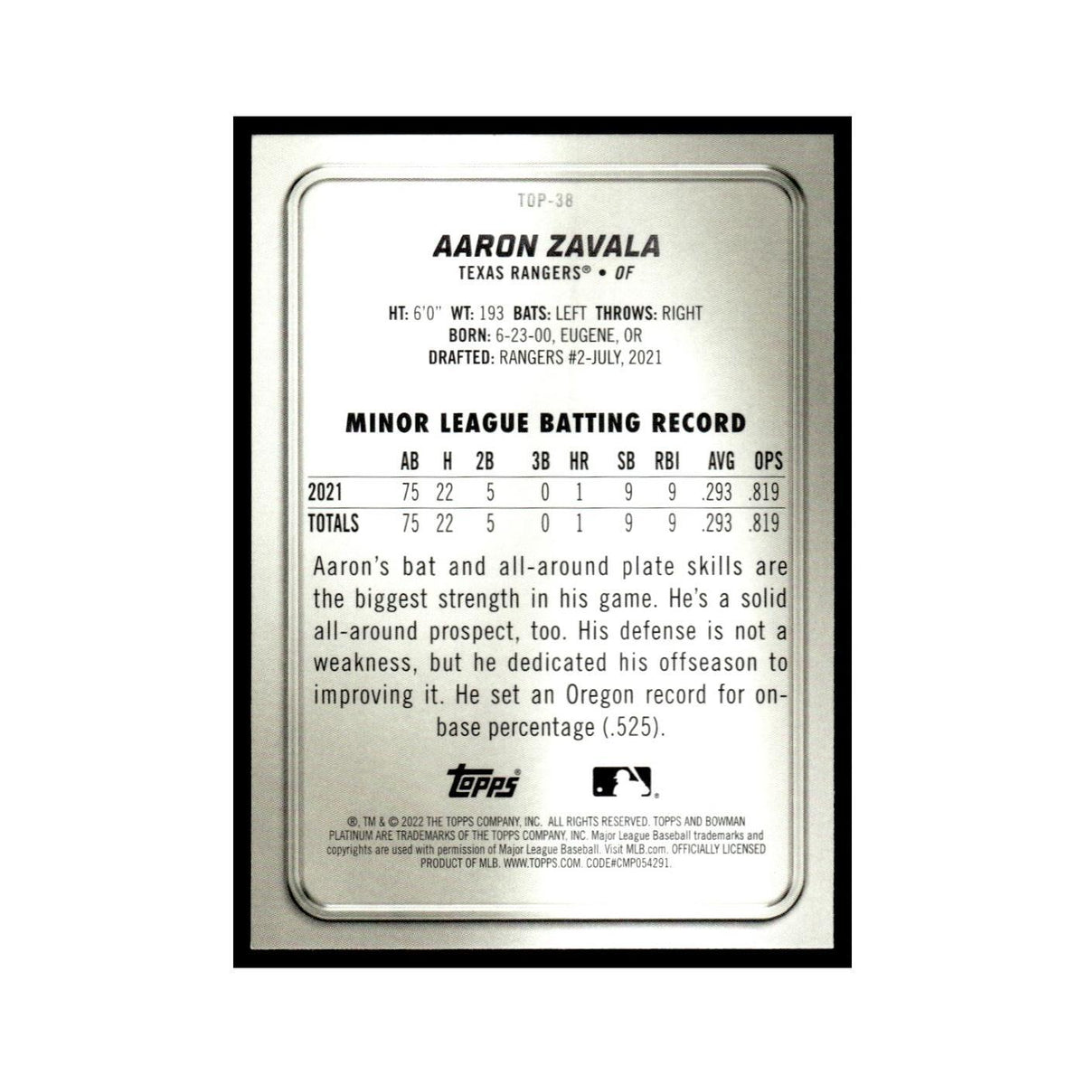 Aaron Zavala 2022 Bowman Platinum #TOP-38 Texas Rangers Baseball Card NM