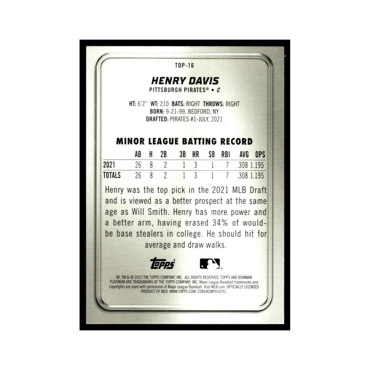Henry Davis 2022 Bowman Platinum #TOP-16 Pittsburgh Pirates Baseball Card NM