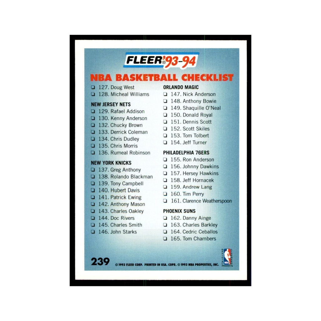 1993 Fleer Checklist Basketball Cards #239
