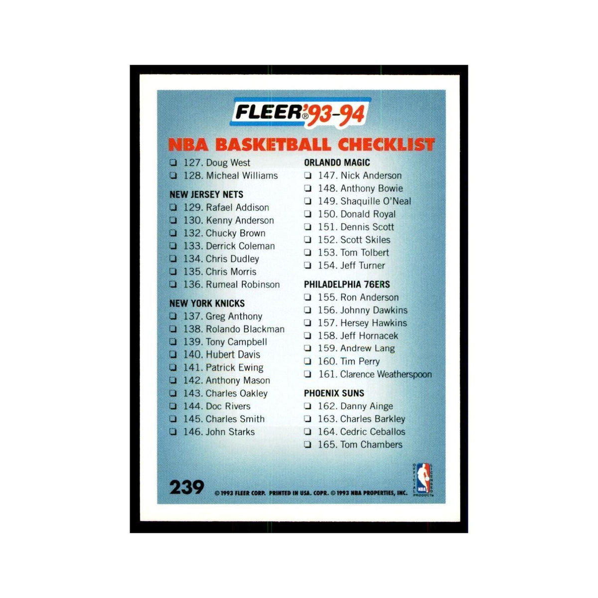 1993 Fleer Checklist Basketball Cards #239