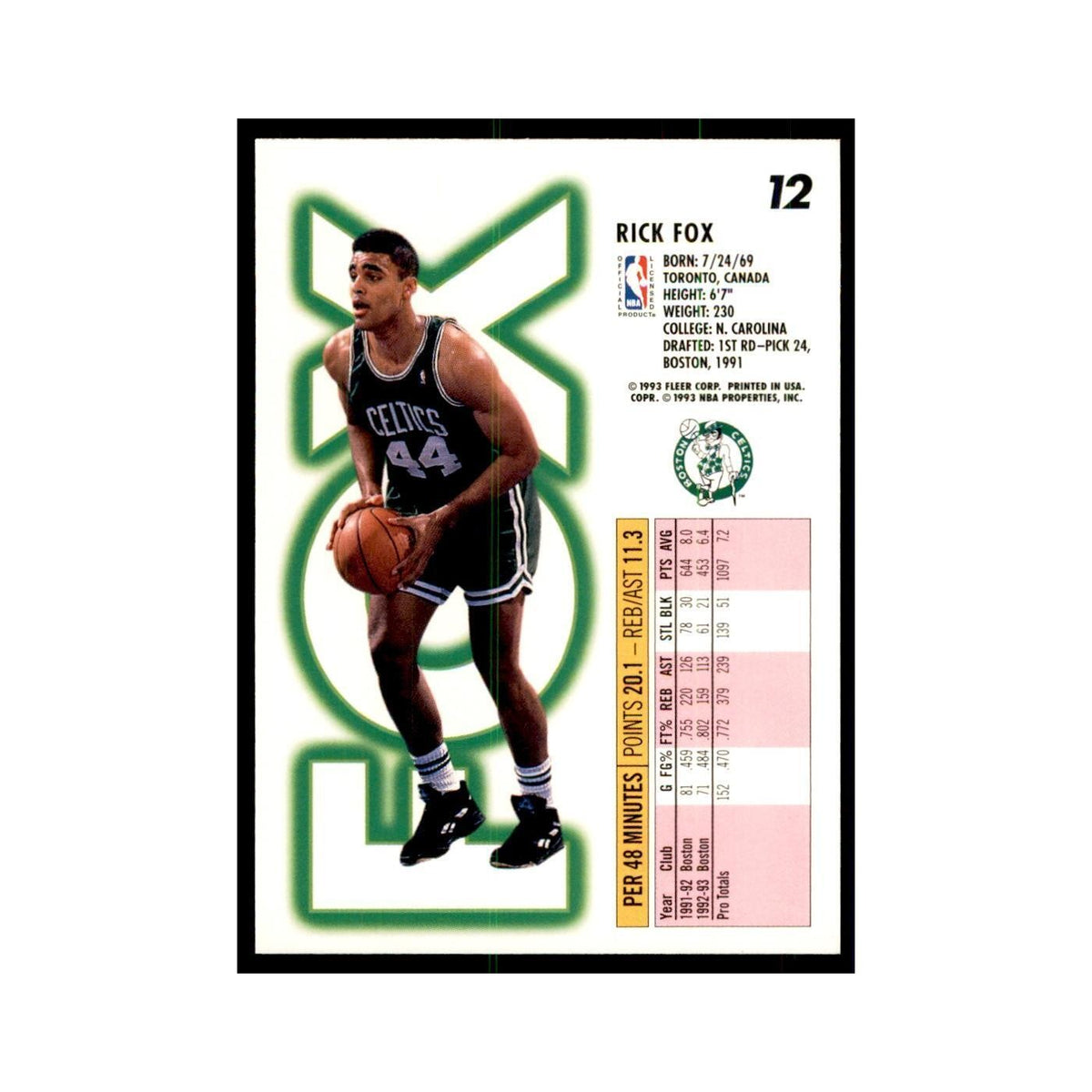 1993 Fleer Rick Fox Basketball Cards #12