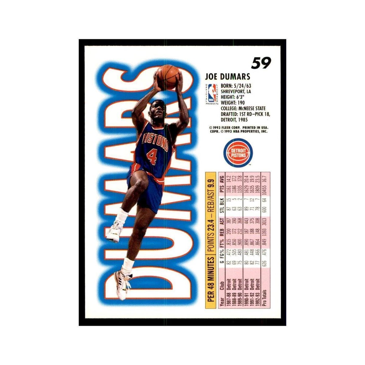 1993 Fleer Joe Dumars Basketball Cards #59