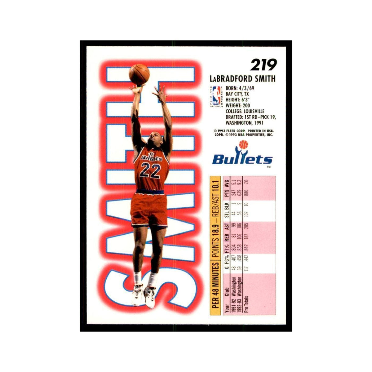 1993 Fleer LaBradford Smith Basketball Cards #219