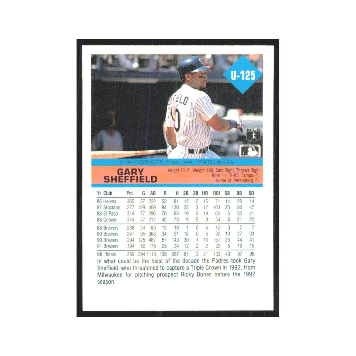 1992 Fleer Update Gary Sheffield Padres #U-125