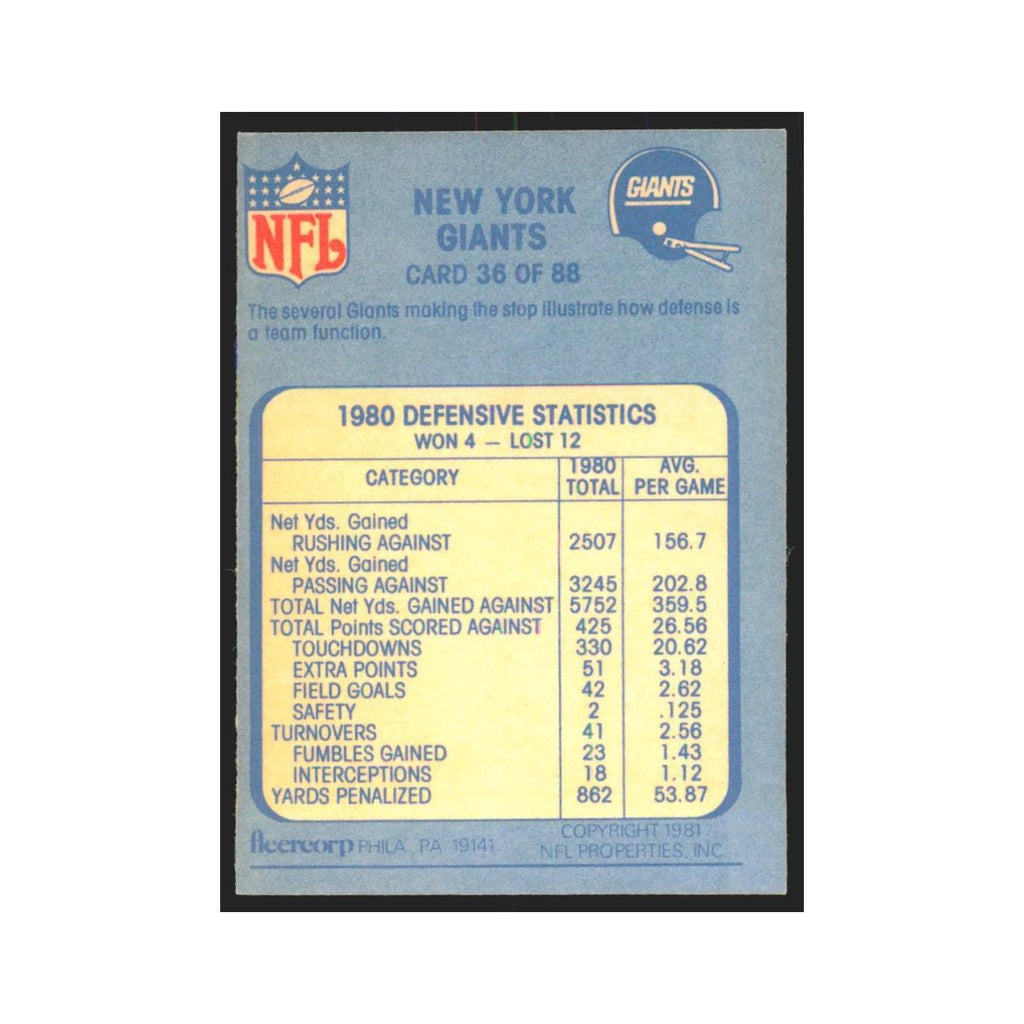 1981 Fleer New York Giants Defense Giants #36