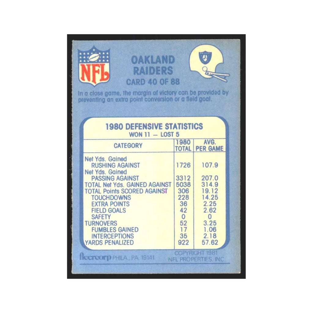 1981 Fleer Oakland Raiders Defense Raiders #40