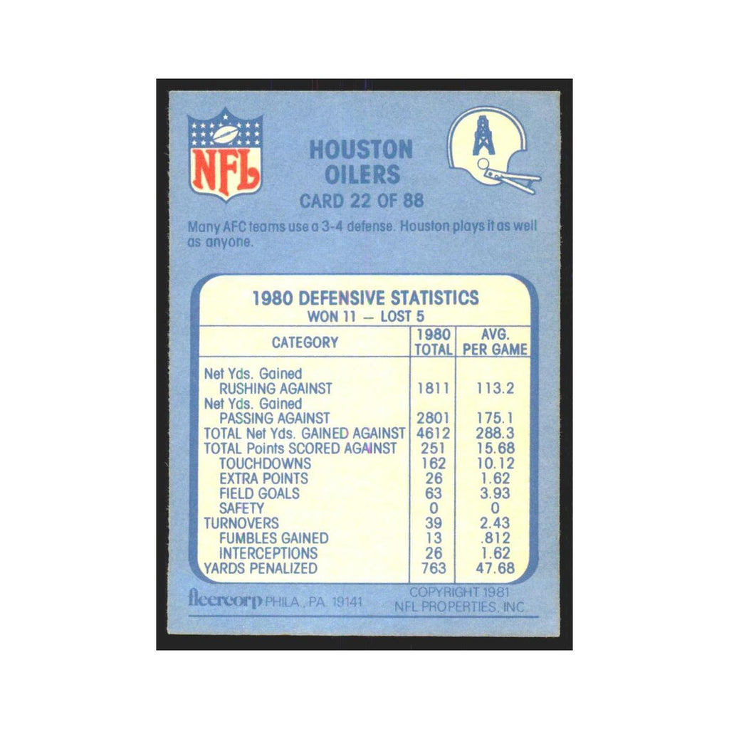 1981 Fleer Houston Oilers Defense Houston Oilers #22