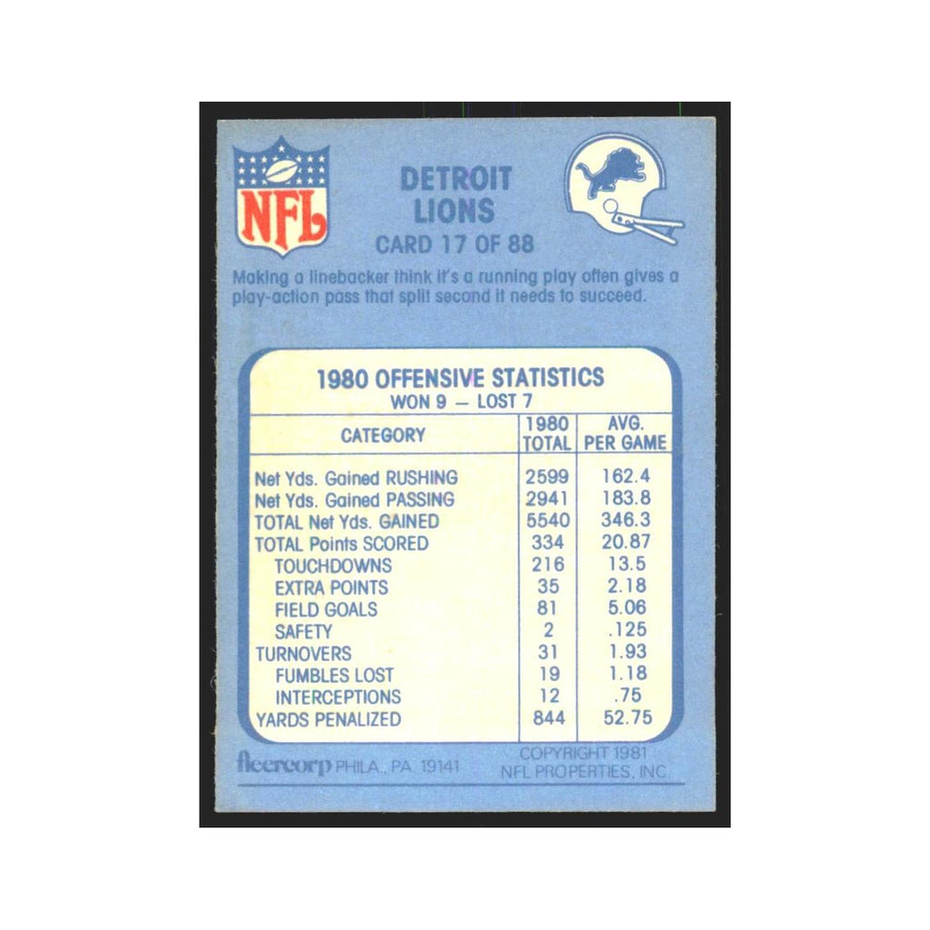 1981 Fleer Detroit Lions Offense Lions #17