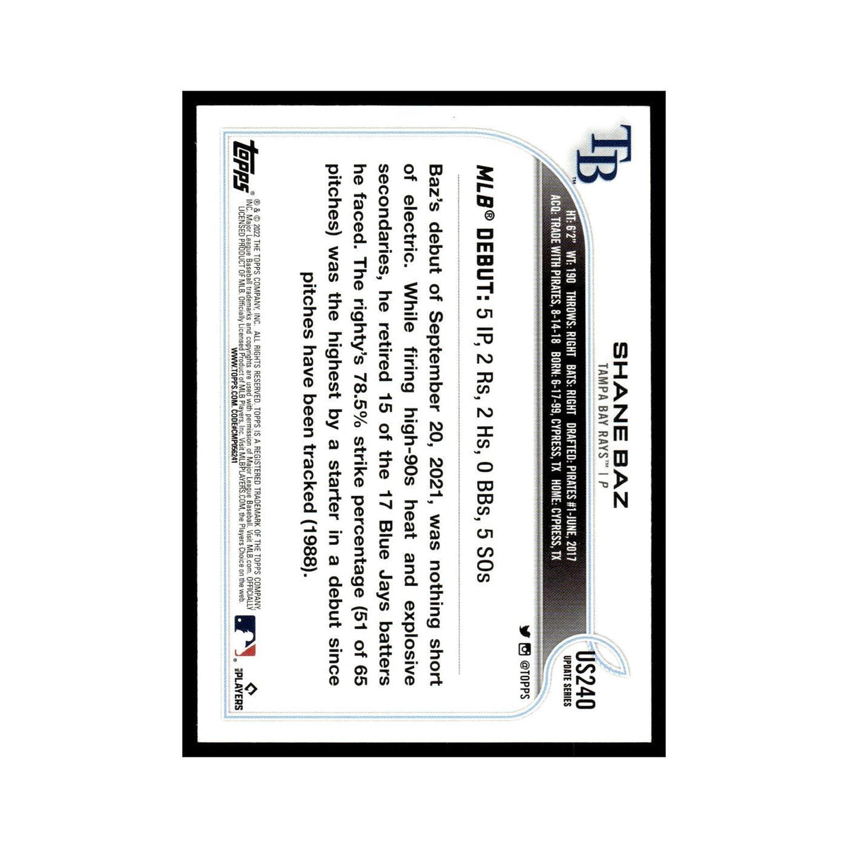 Shane Baz Rookie 2022 Topps #US240 Tampa Bay Rays Baseball Card NM