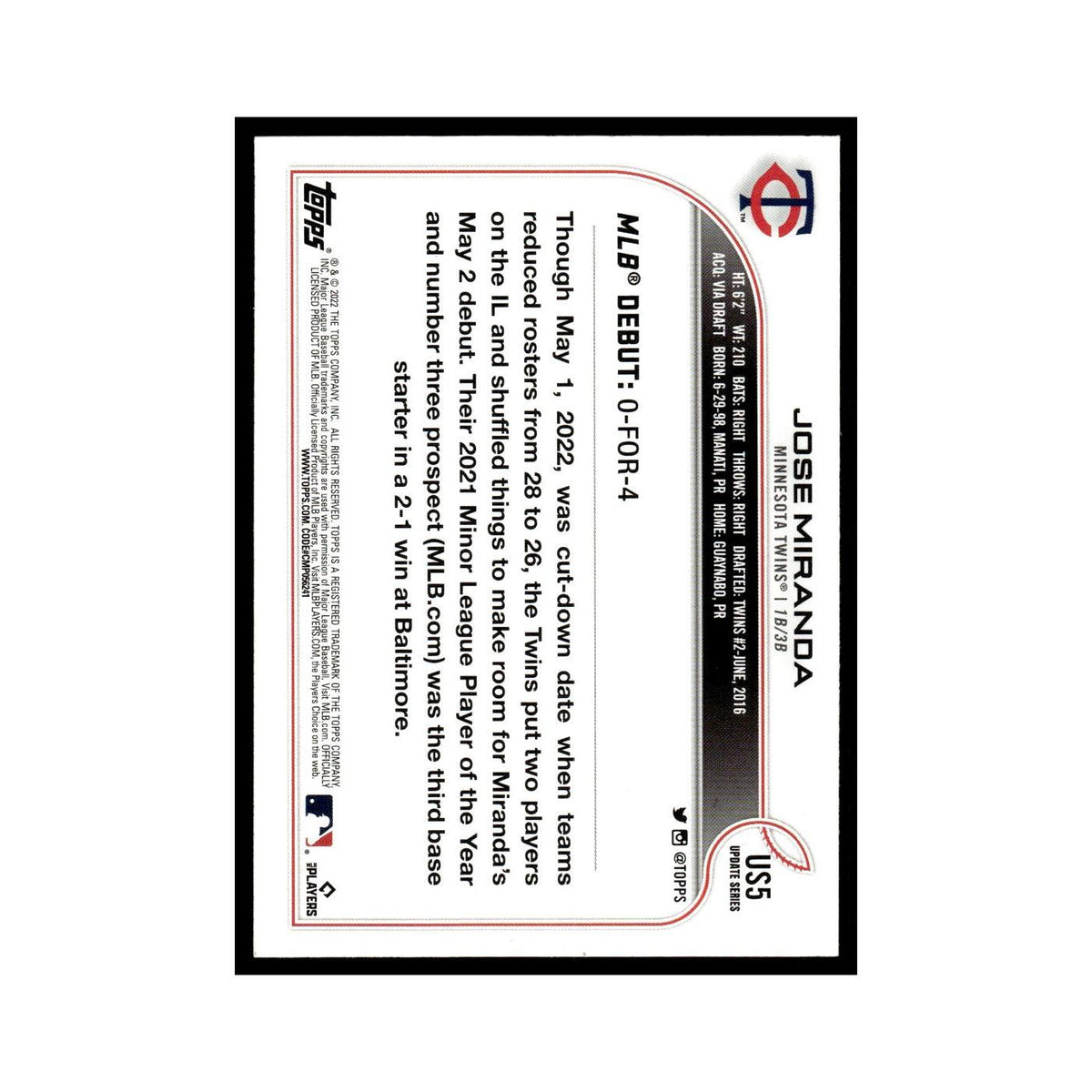 Jose Miranda Rookie 2022 Topps #US5 Minnesota Twins Baseball Card NM