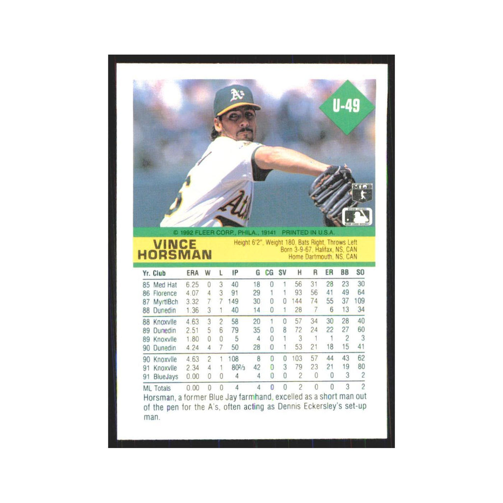 1992 Fleer Update Vince Horsman Athletics #U-49