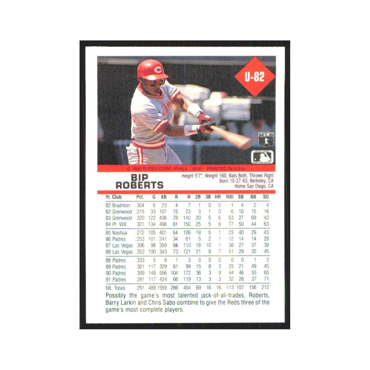 1992 Fleer Update Bip Roberts Reds #U-82