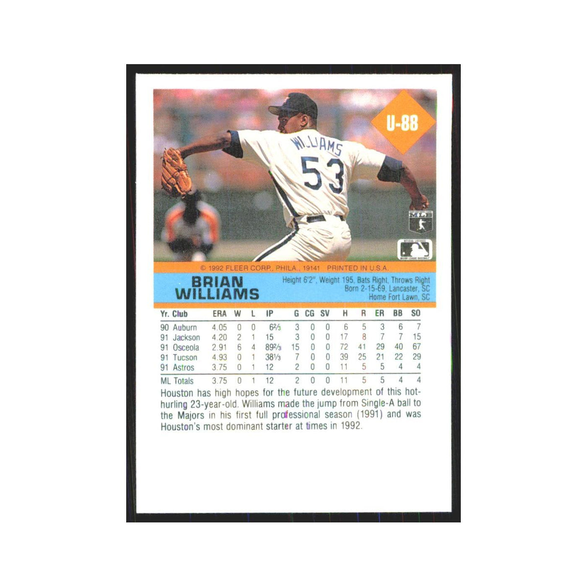 1992 Fleer Update Brian Williams Astros #U-88