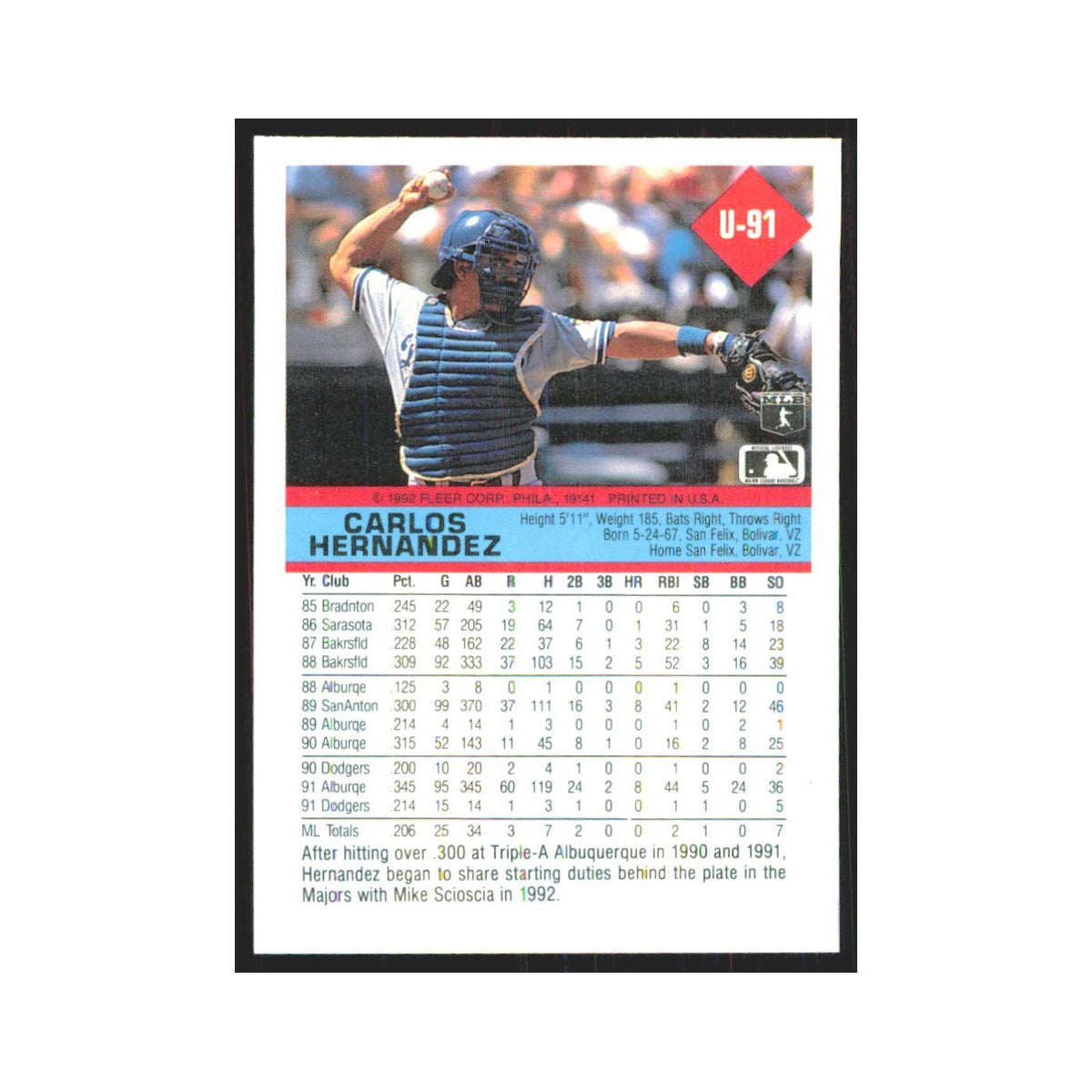 1992 Fleer Update Carlos Hernandez Dodgers #U-91