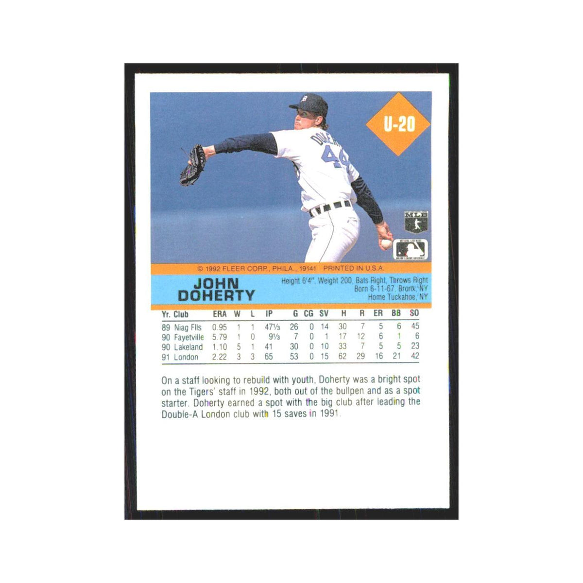 1992 Fleer Update John Doherty Tigers #U-20