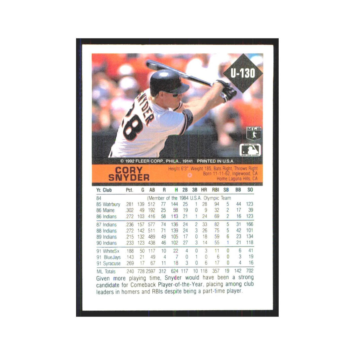 1992 Fleer Update Cory Snyder Giants #U-130
