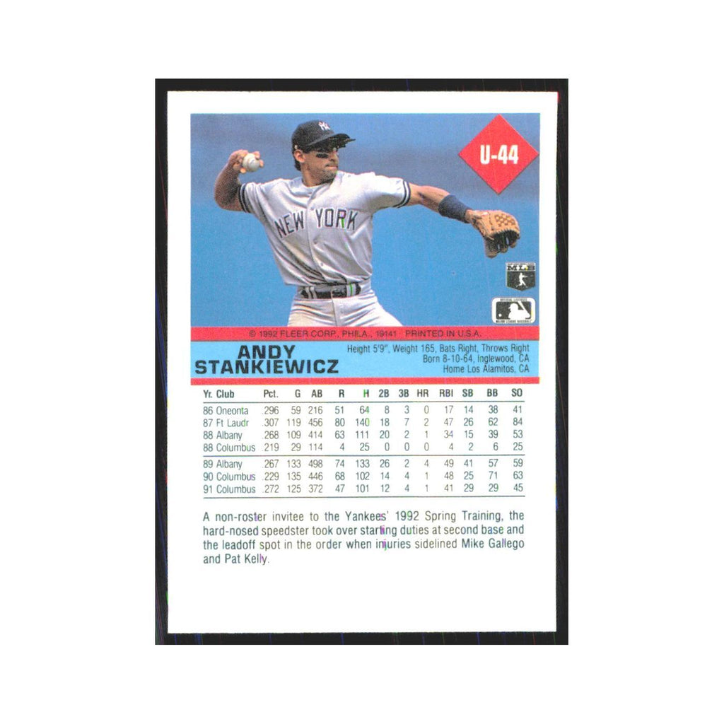 1992 Fleer Update Andy Stankiewicz Yankees #U-44