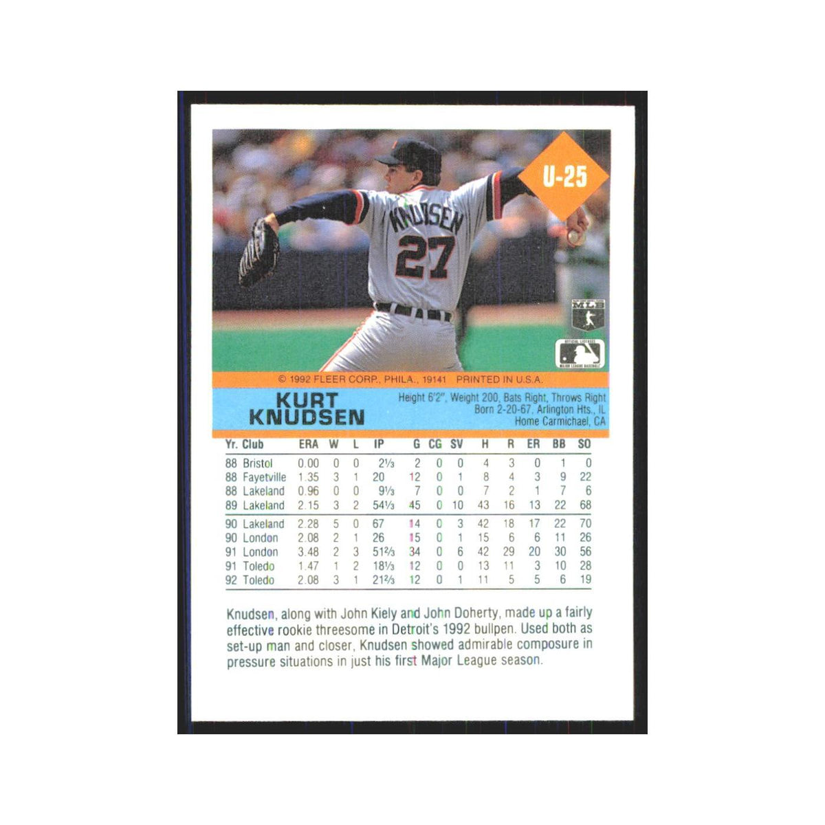1992 Fleer Update Kurt Knudsen Tigers #U-25