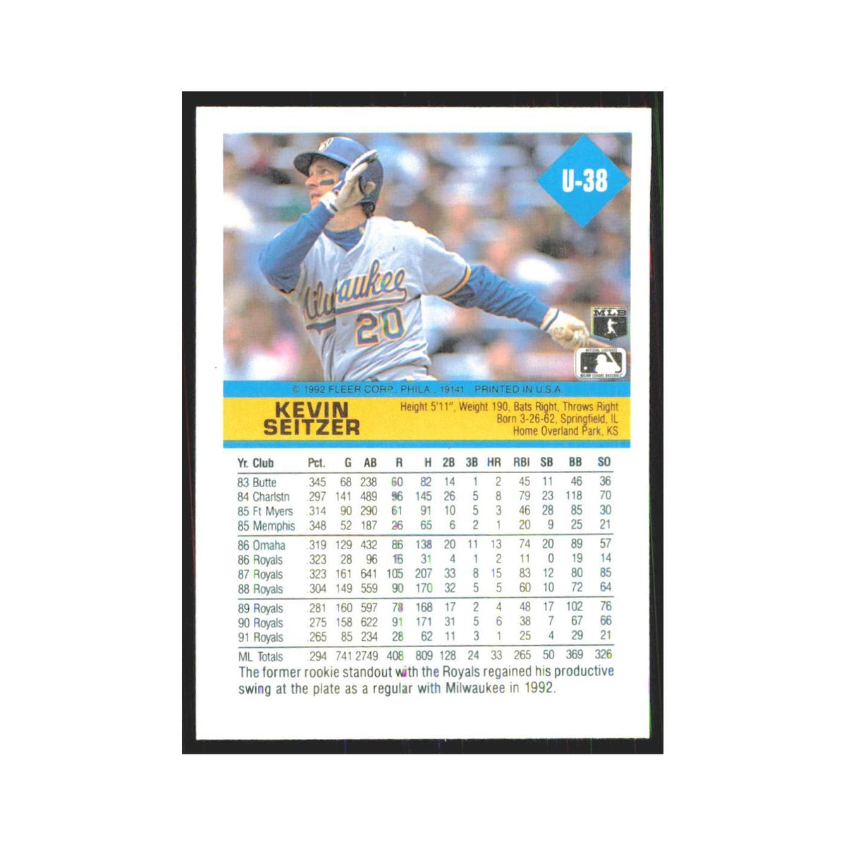 1992 Fleer Update Kevin Seitzer Brewers #U-38