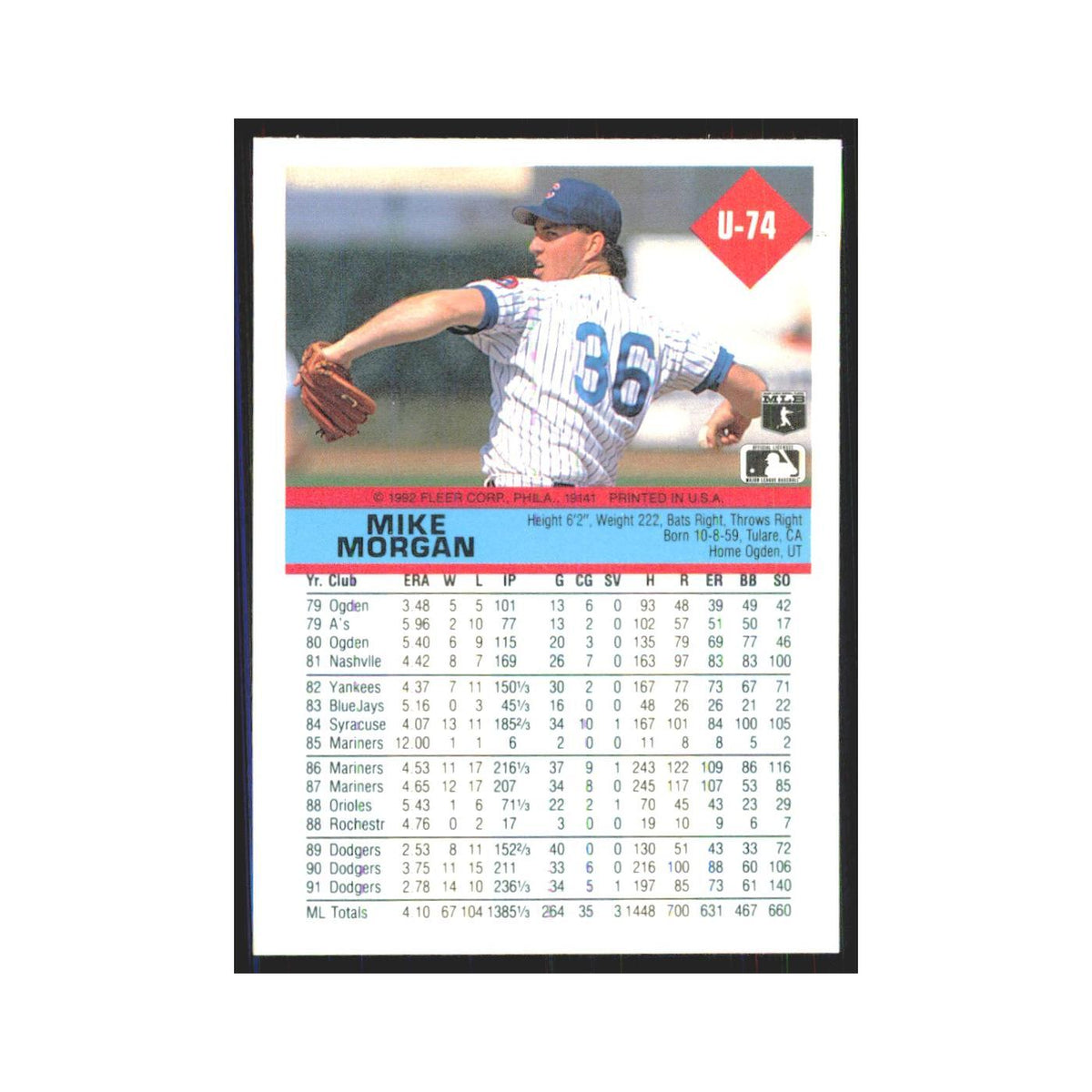 1992 Fleer Update Mike Morgan Cubs #U-74