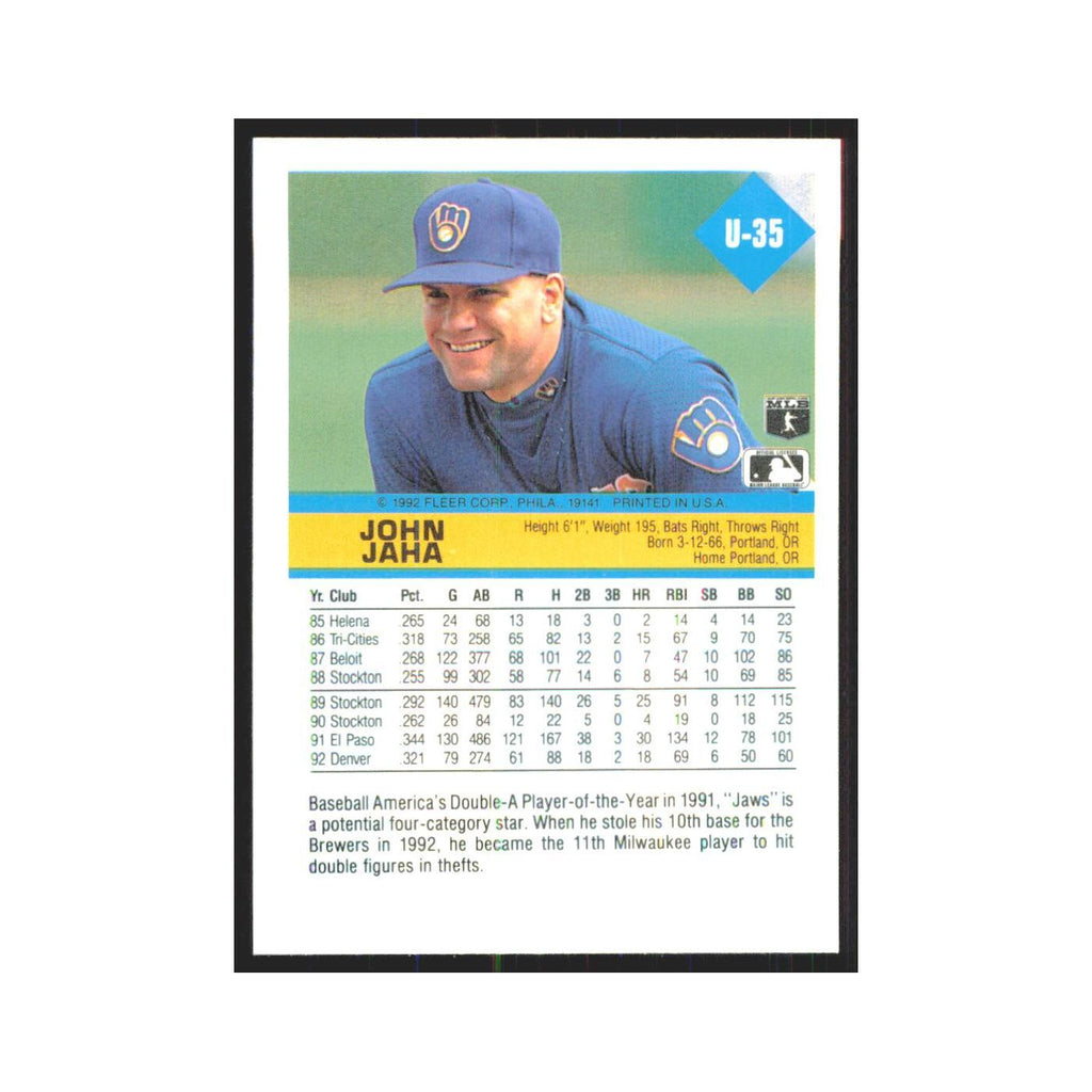 1992 Fleer Update John Jaha Brewers #U-35