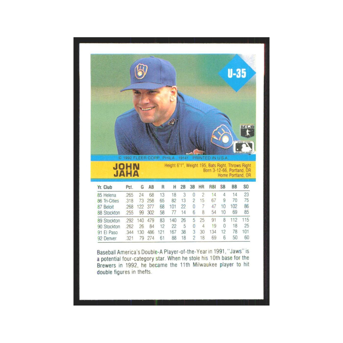 1992 Fleer Update John Jaha Brewers #U-35