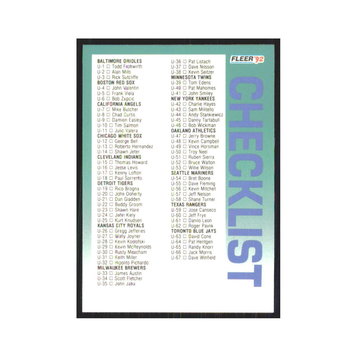 1992 Fleer Update Checklist #U-132