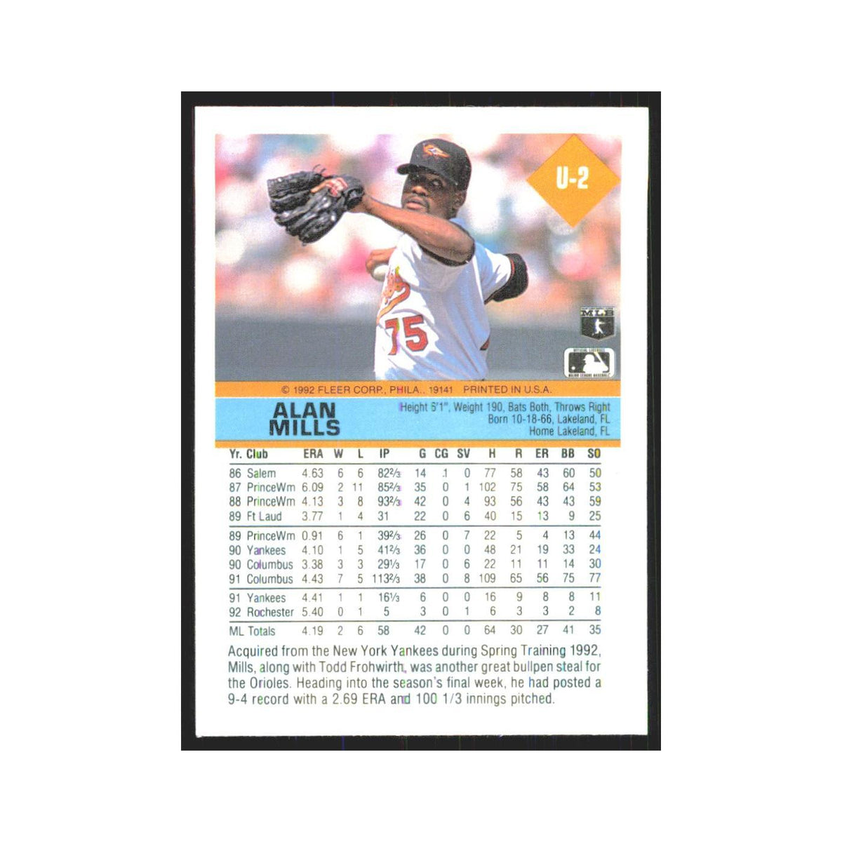1992 Fleer Update Alan Mills Orioles #U-2