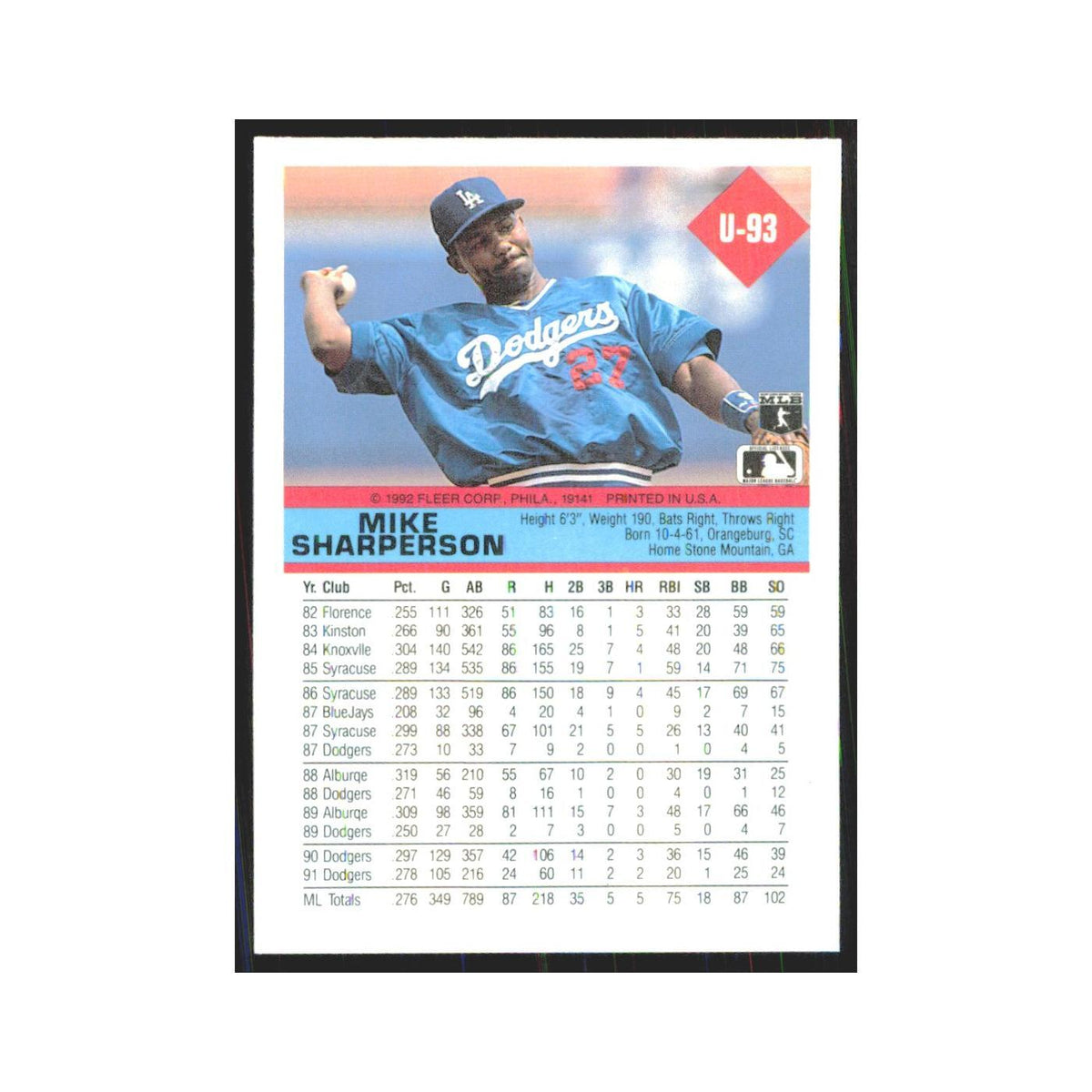 1992 Fleer Update Mike Sharperson Dodgers #U-93