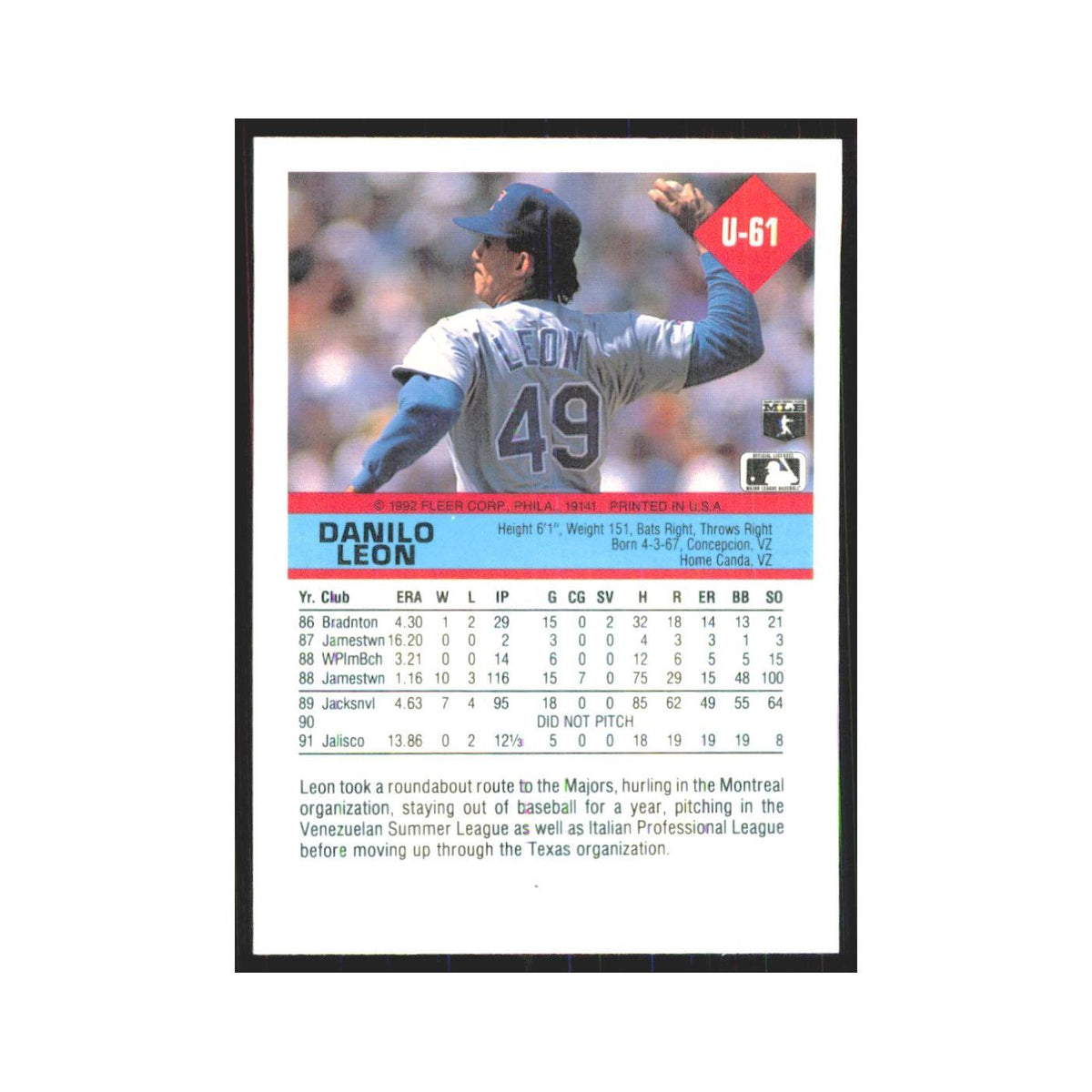 1992 Fleer Update Danny Leon Rangers #U-61