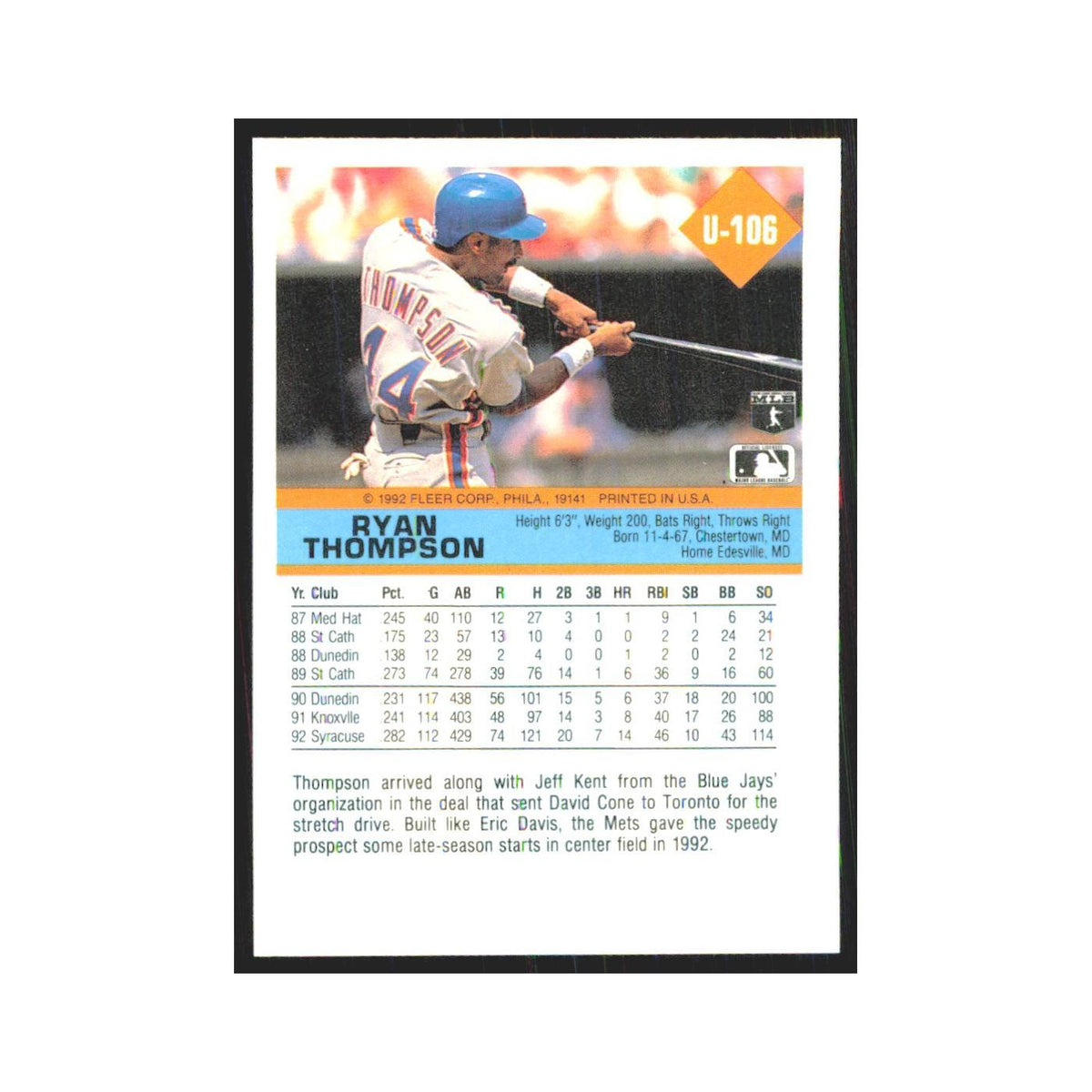 1992 Fleer Update Ryan Thompson Mets #U-106