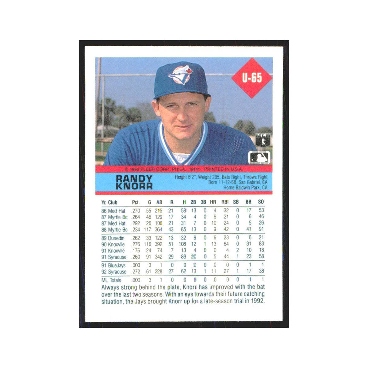 1992 Fleer Update Randy Knorr Blue Jays #U-65