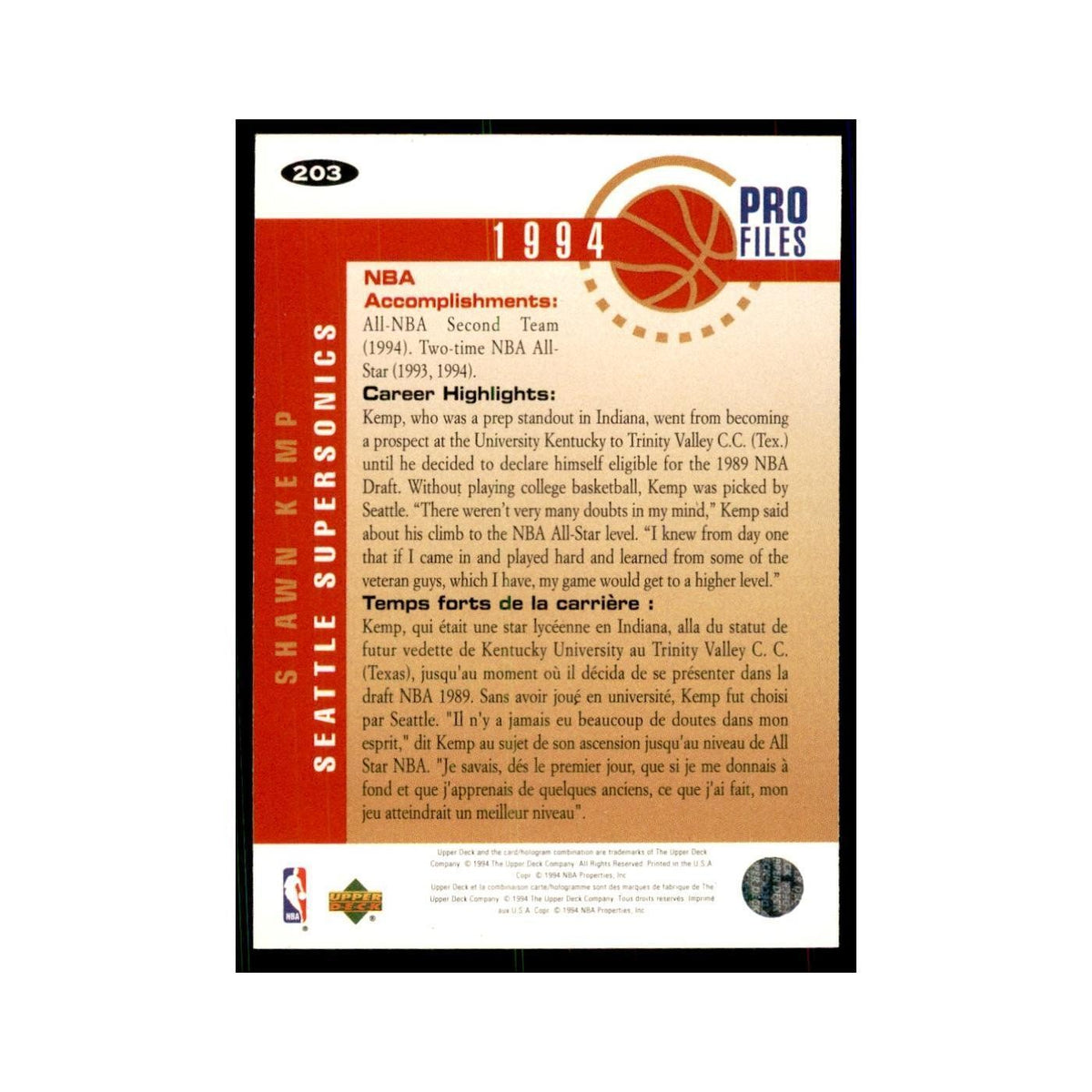 1994 Upper Deck Collectors Choice Shawn Kemp Basketball Cards #203