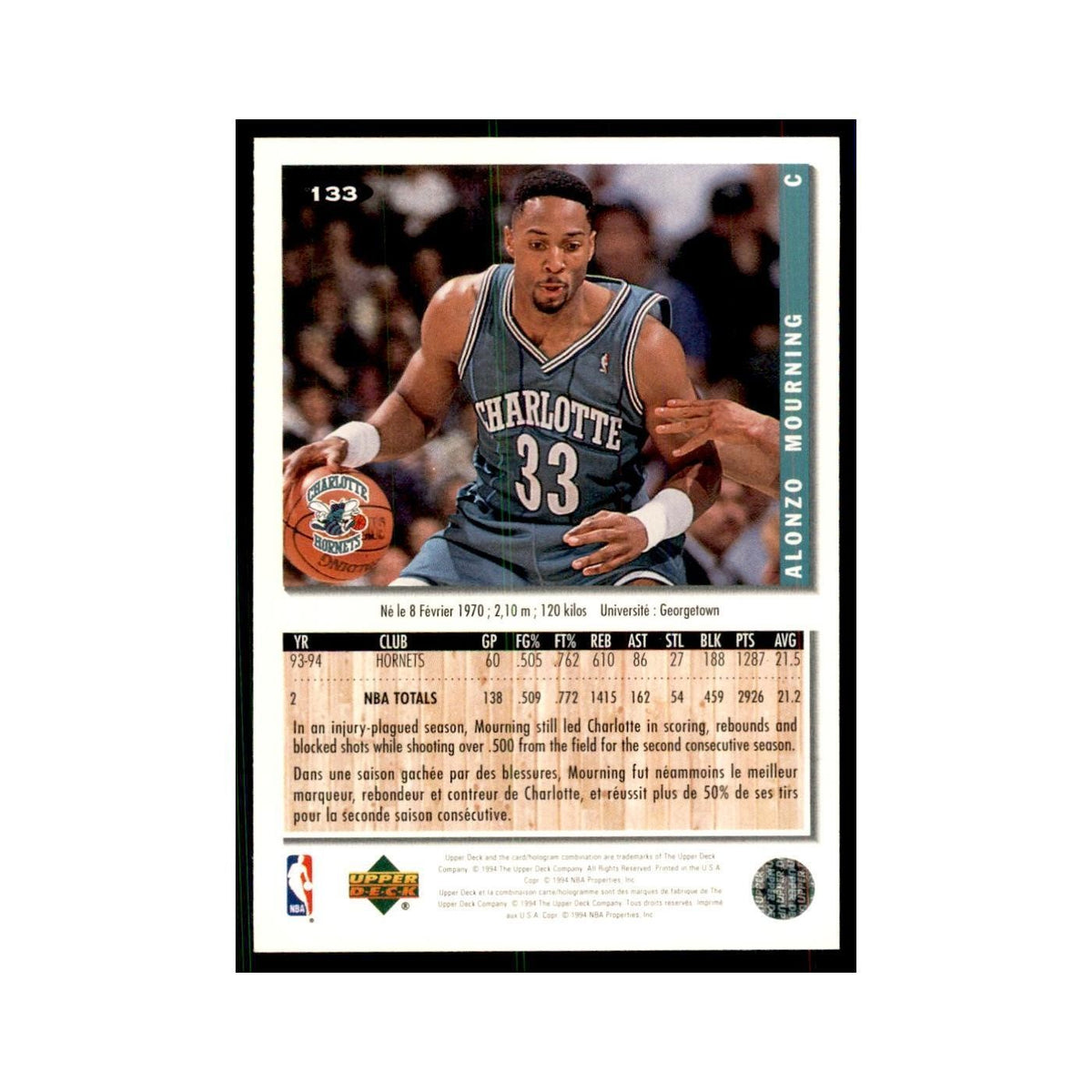 1994 Upper Deck Collectors Choice Alonzo Mourning Basketball Cards #133