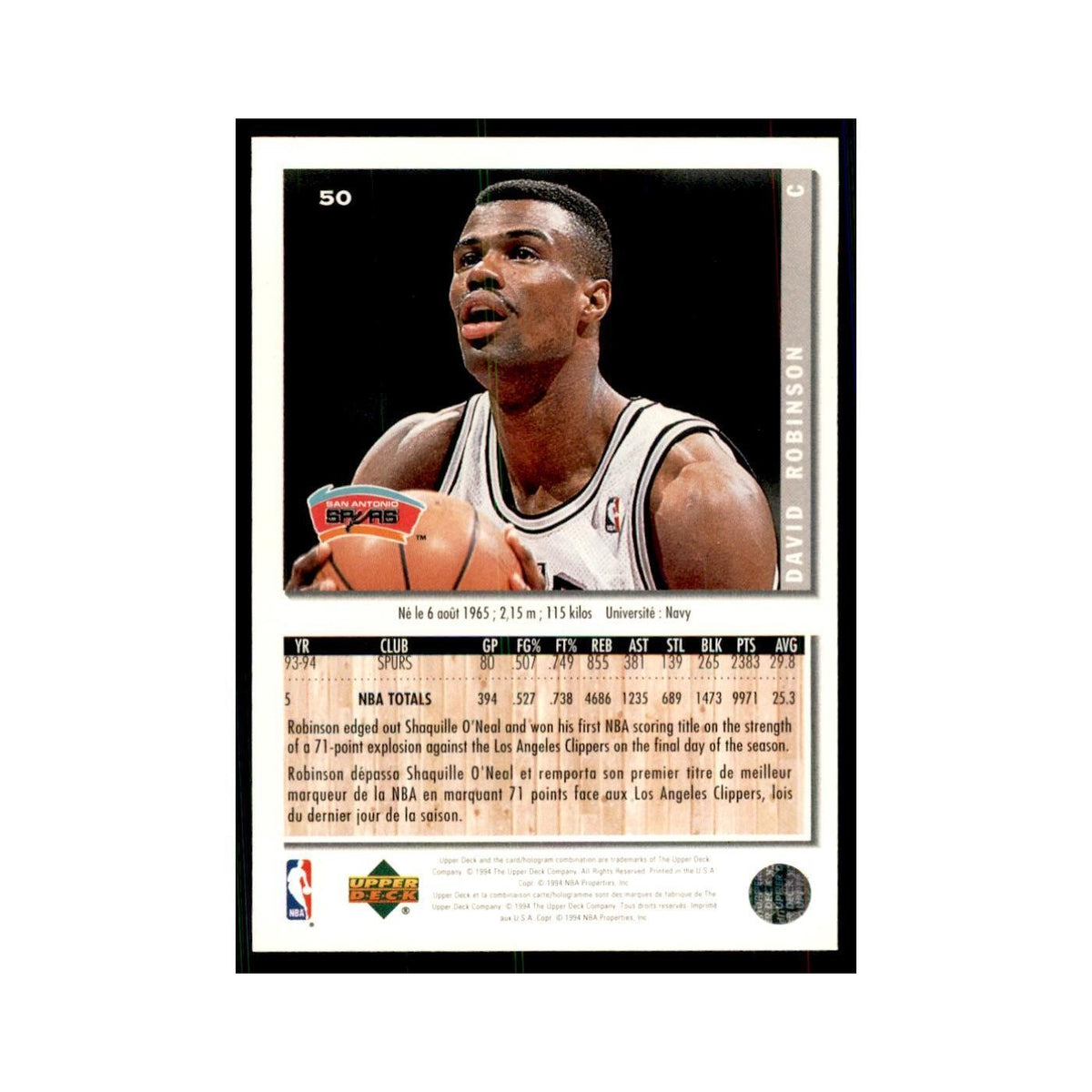 1994 Upper Deck Collectors Choice David Robinson Basketball Cards #50