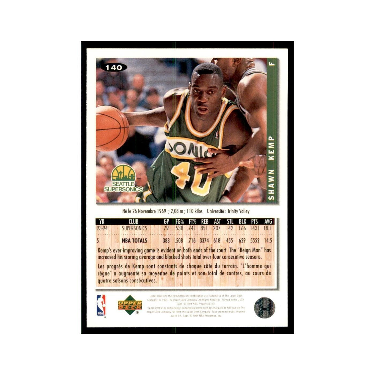 1994 Upper Deck Collectors Choice Shawn Kemp Basketball Cards #140