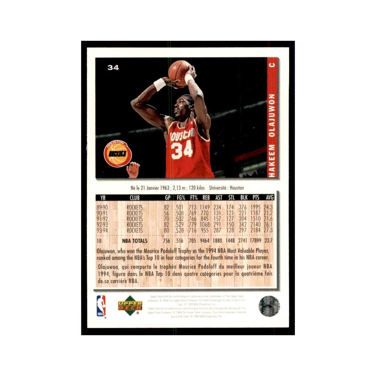 1994 Upper Deck Collectors Choice Hakeem Olajuwon Basketball Cards #34