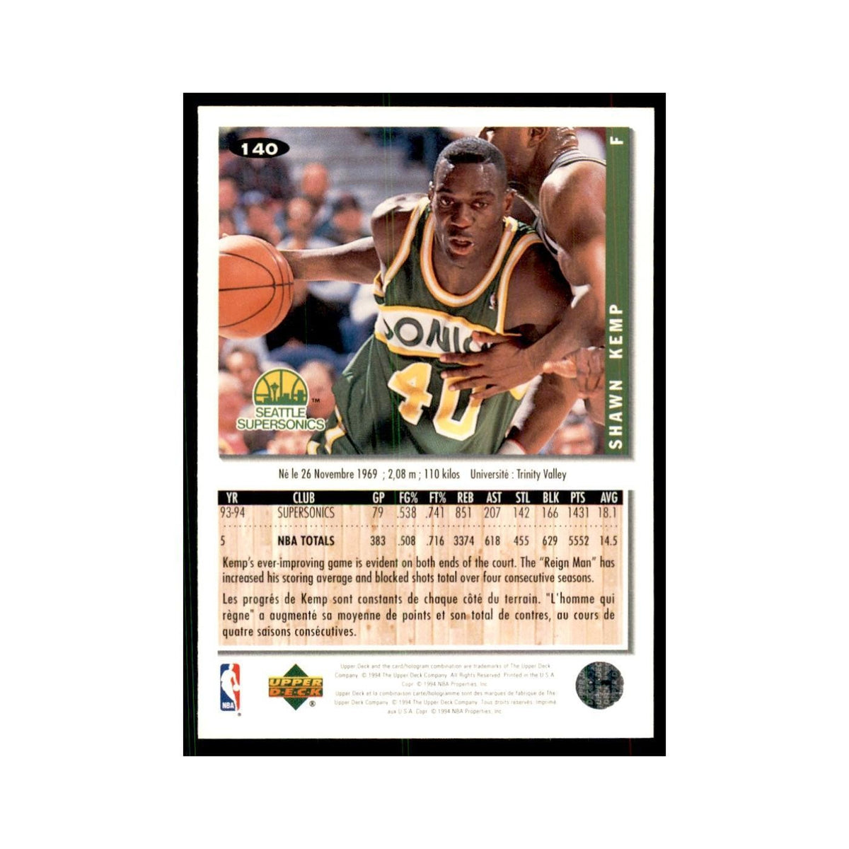 1994 Upper Deck Collectors Choice Shawn Kemp Basketball Cards #140