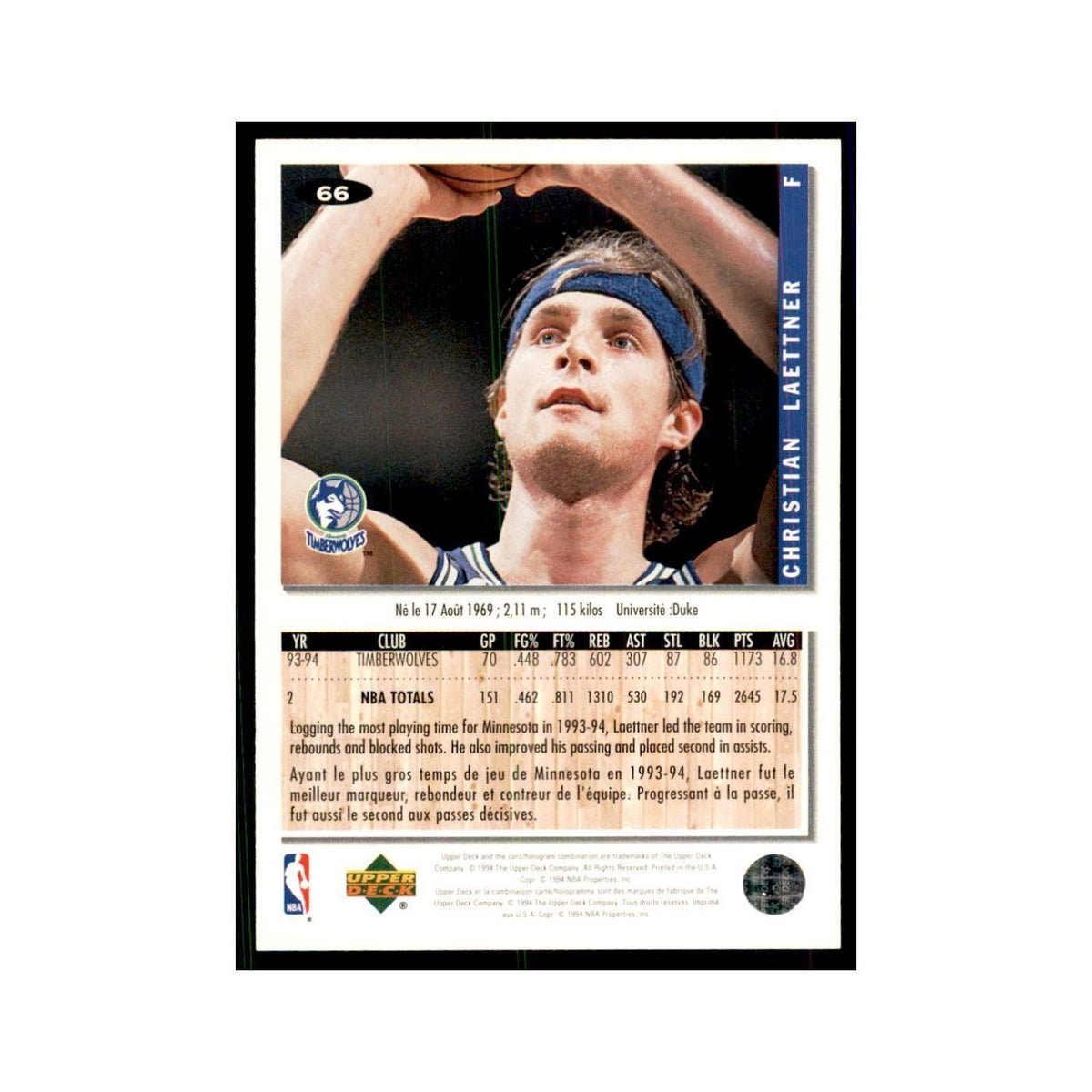 1994 Upper Deck Collectors Choice Christian Laettner Basketball Cards #66